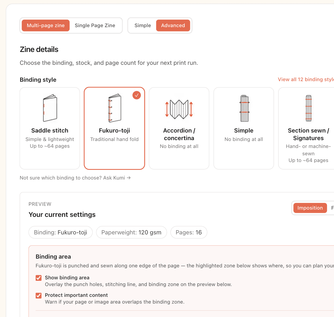 The Kumizine Zine Studio screen showing binding, page count, size, and imposition controls.