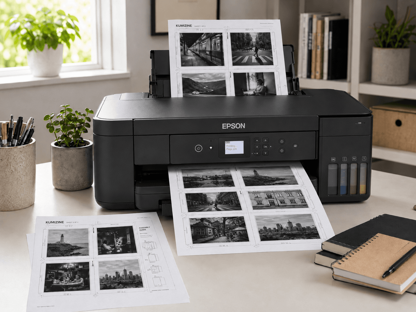 A printed booklet workflow showing the physical transition from layout to printed zine sheets.