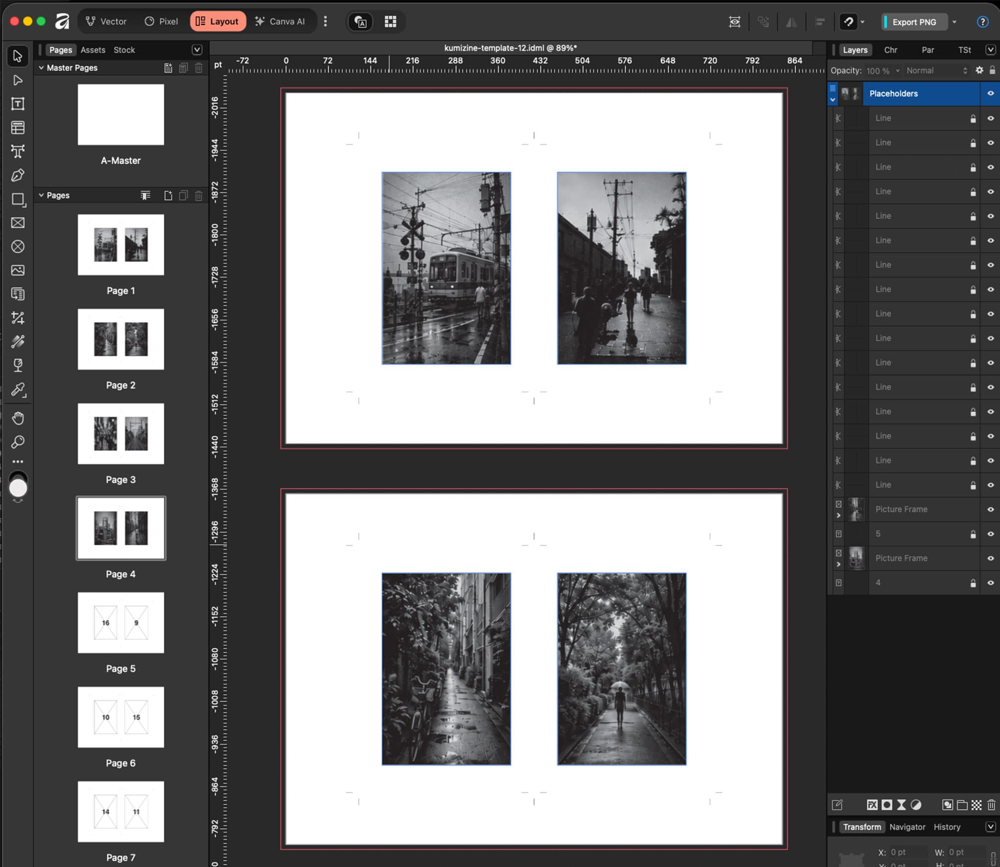 The generated Kumizine .IDML template open in a page layout app, showing imposed spreads with photographs already placed, crop marks at the sheet edges, and a page panel listing the imposed page order.