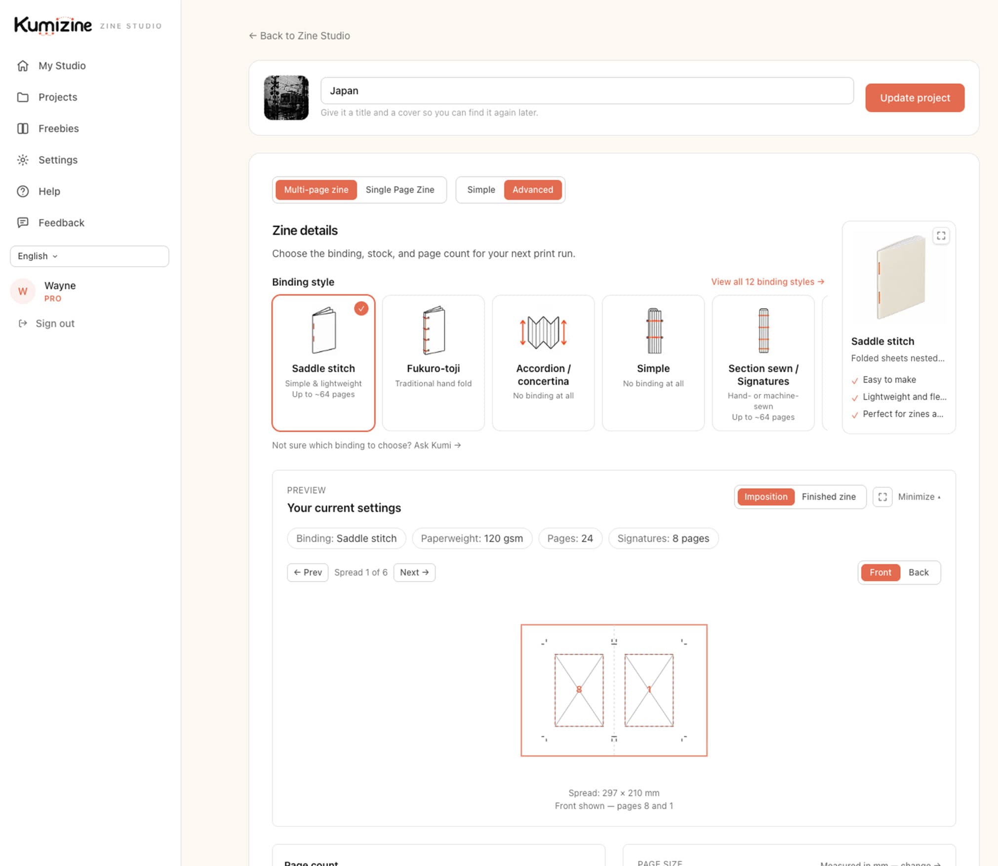 The Kumizine Zine Studio screen: a saddle-stitch binding selected from the binding styles row, a live imposition preview of the first spread, and fields for page count, spread and page size, image area, and printer's marks, above the Download template button.